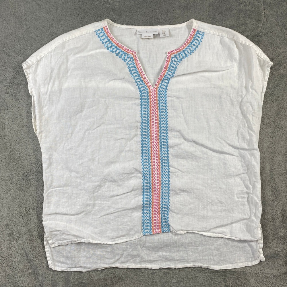 House of Harlow 1960 Blouse Women M White Linen Embroidered VNeck Top Boho Beach